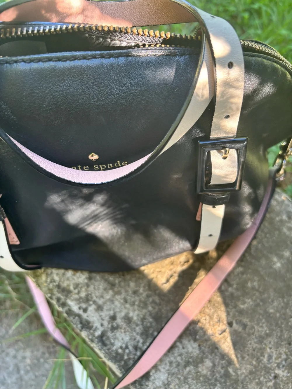 kate spade Black Leather Crossbody  bag with Wallet with Pink and Blue Accents.